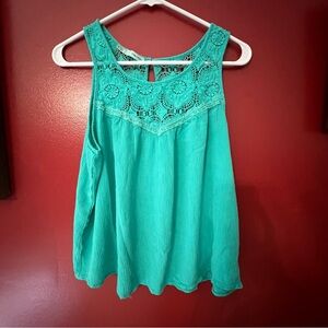Teal colored tank with crochet top and flowy bottom by Maurice size XL